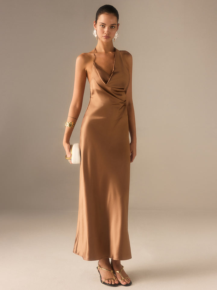 beyond classy brown satin halter midi dress Beyond Classy Brown Satin Halter Midi Dress