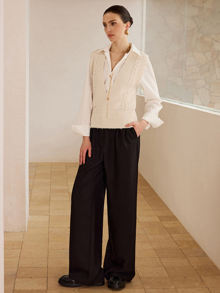 【moi】イデム　Cable Knit Docking Blouse Buy White Ecru Collar V-Neck Long Sleeve Cable Knitted Short