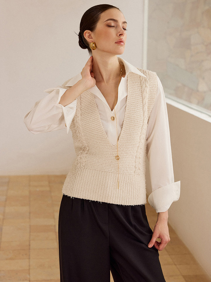 【moi】イデム　Cable Knit Docking Blouse She+Sky White Cable Knit Ruffle Sleeve Sweater Top | Lime
