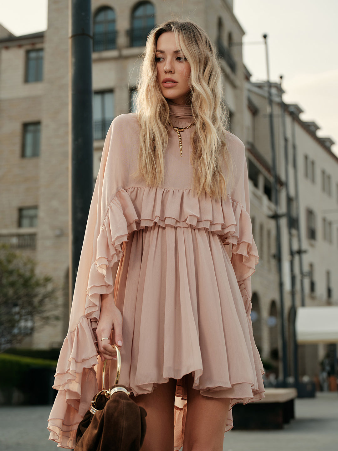 Semi-Sheer Chiffon Ruffle Dress With Outer Cape - Pink - M