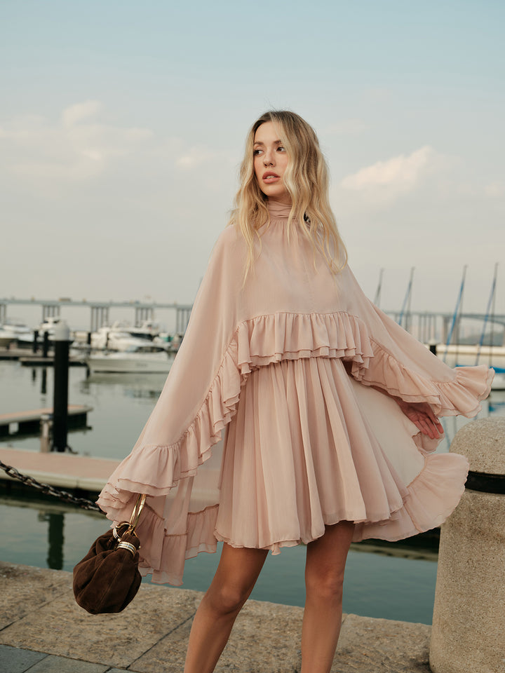 Semi-Sheer Chiffon Ruffle Dress With Outer Cape - Pink - M