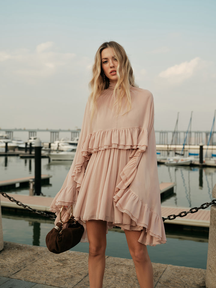 Semi-Sheer Chiffon Ruffle Dress With Outer Cape - Pink - M - Commense Semi-Sheer Chiffon Ruffle Dress With Outer Cape - Pink - M - Commense