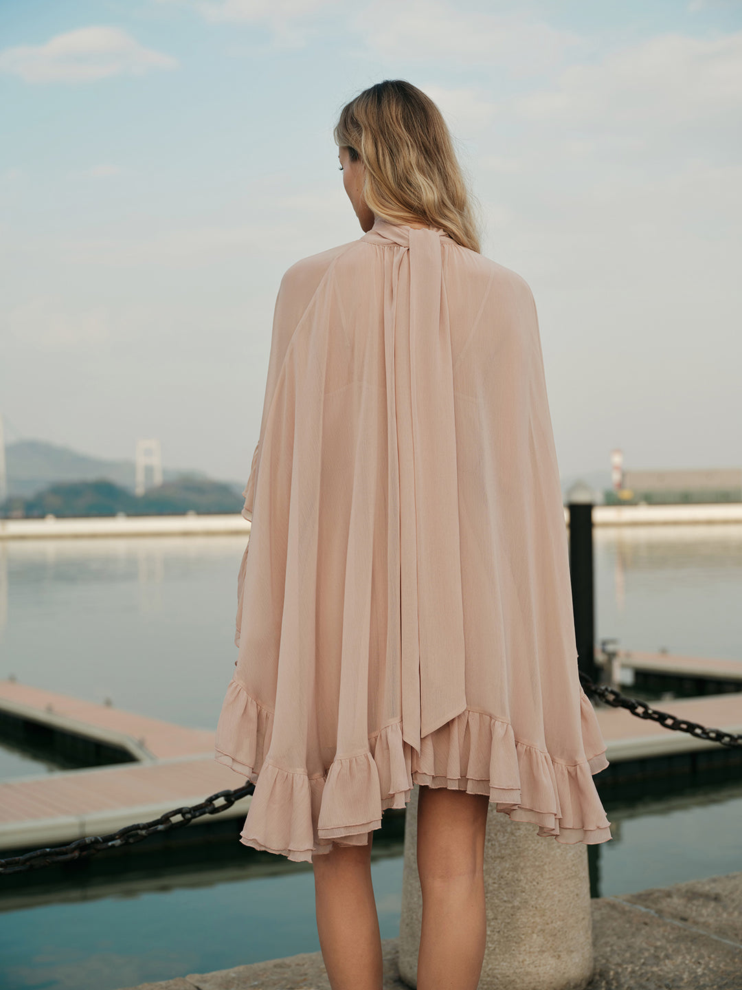 Semi-Sheer Chiffon Ruffle Dress With Outer Cape – COMMENSE