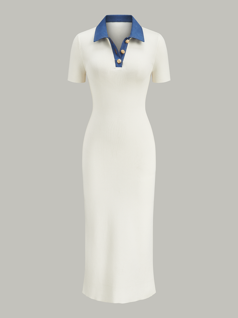 Denim-Collar Buttoned Polo Knit Midi Dress | COMMENSE