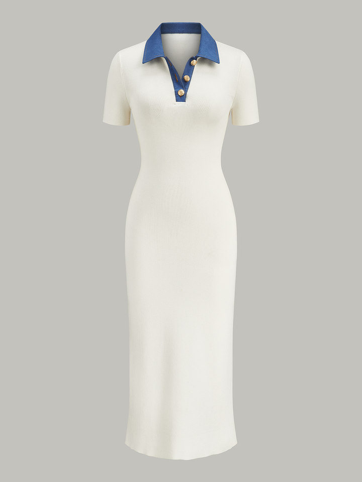 polo collar rib knit midi dress Ribbed Textured Knit Midi Dress with Polo Collar main image 0