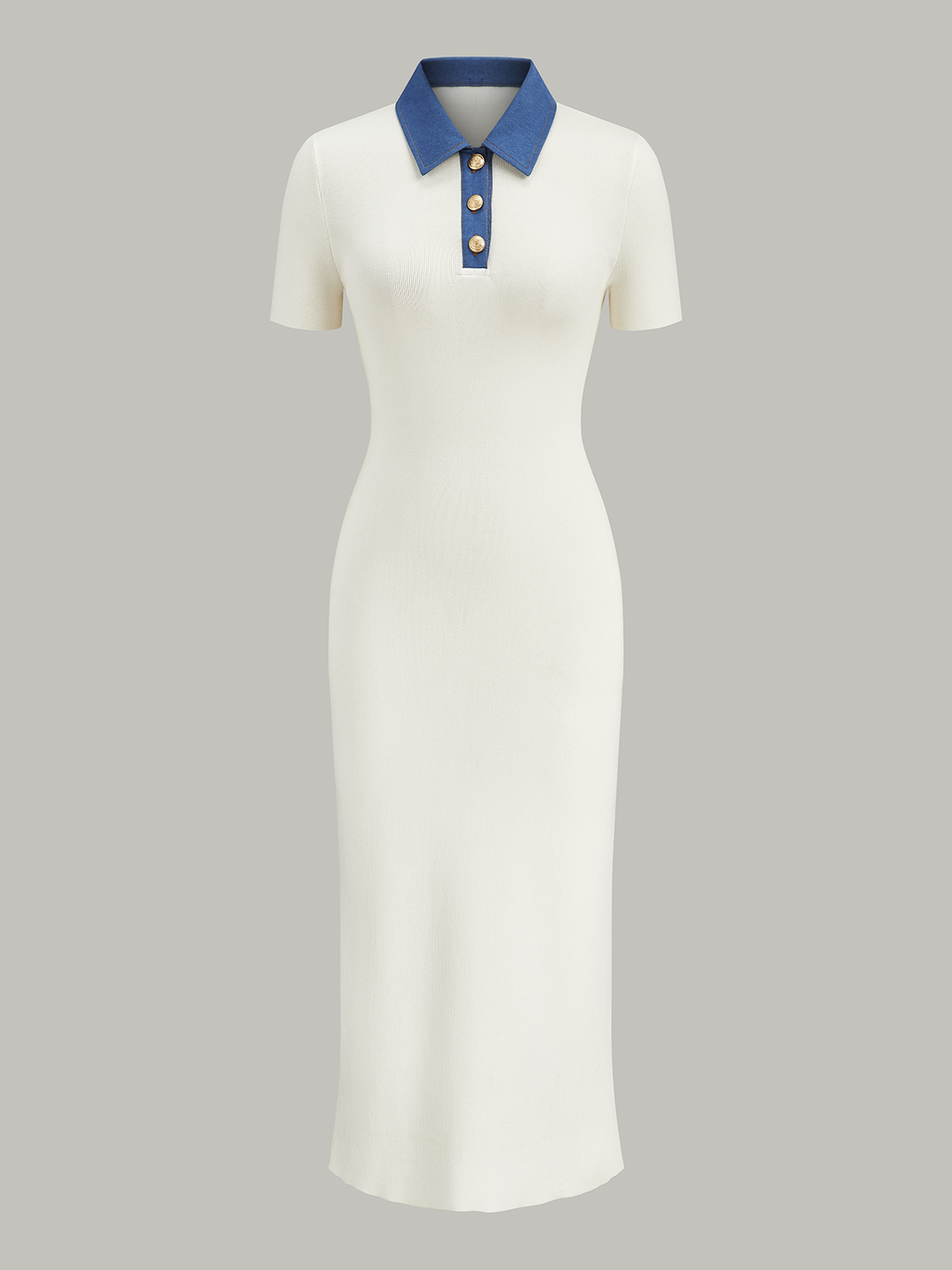 Denim-Collar Buttoned Polo Knit Midi Dress | COMMENSE Denim-Collar Buttoned Polo Knit Midi Dress | COMMENSE