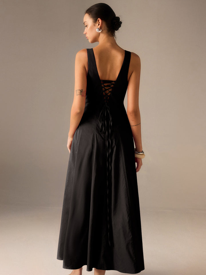 Cotton Maxi Dress with Lace-Up Back | COMMENSE