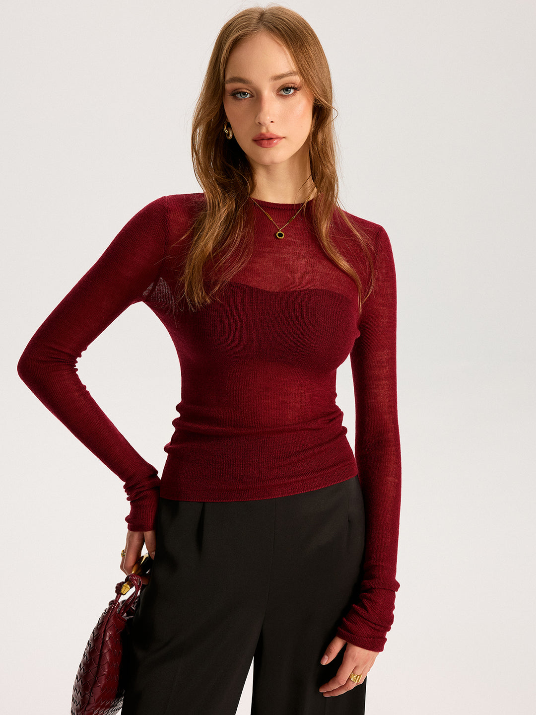Semi-Sheer Wool-Blend Long Sleeve Knit Top | COMMENSE