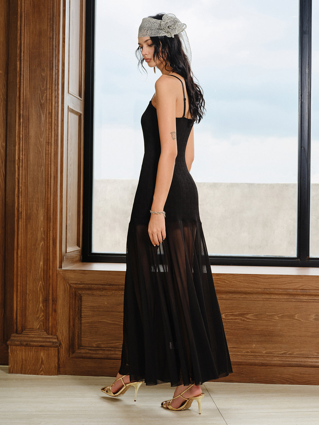 Semi-sheer mesh panel textured maxi dress - Black - XL