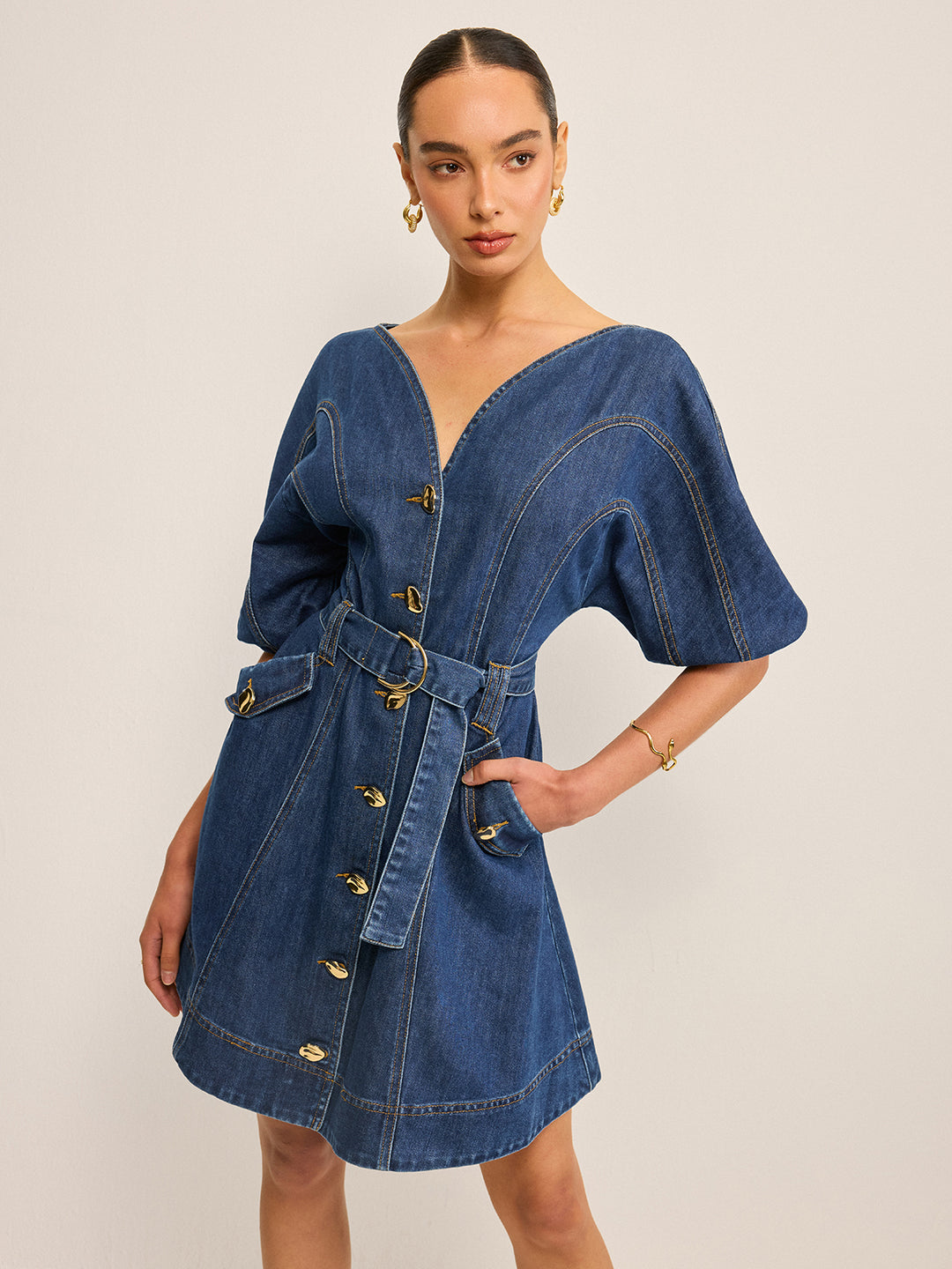 Pocketed belted denim dress - Blue Pocketed belted denim dress - Blue