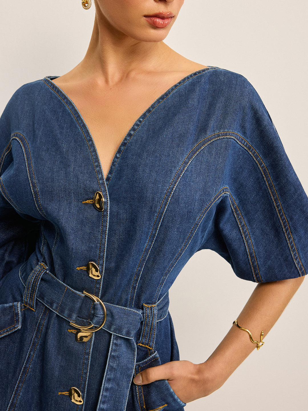 commense denim dress Pocketed Belted Denim Dress