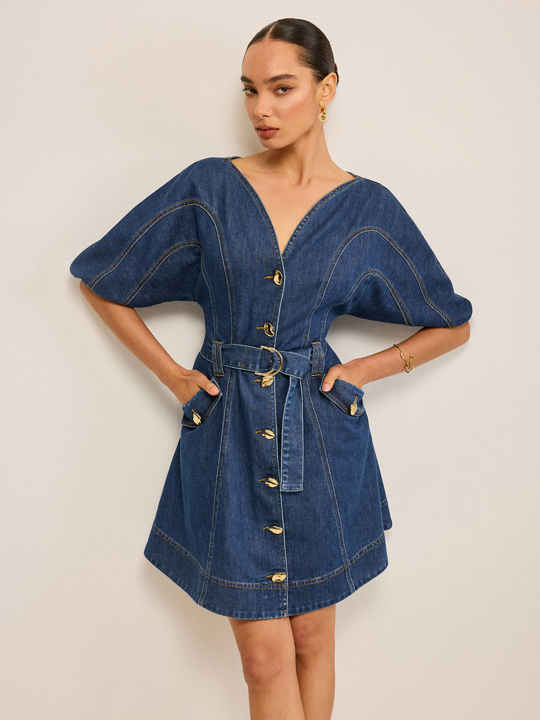 commense denim dress Pocketed Belted ICONIQUE 83.8% Cotton Bronze Bridesmaid Dresses - Color:Malibu Pink