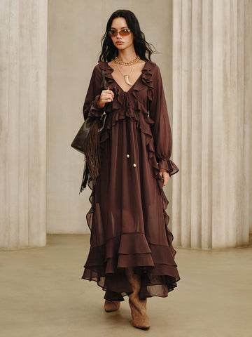 Contrast Ring Lace Layered Ruffle Maxi Cami Dress