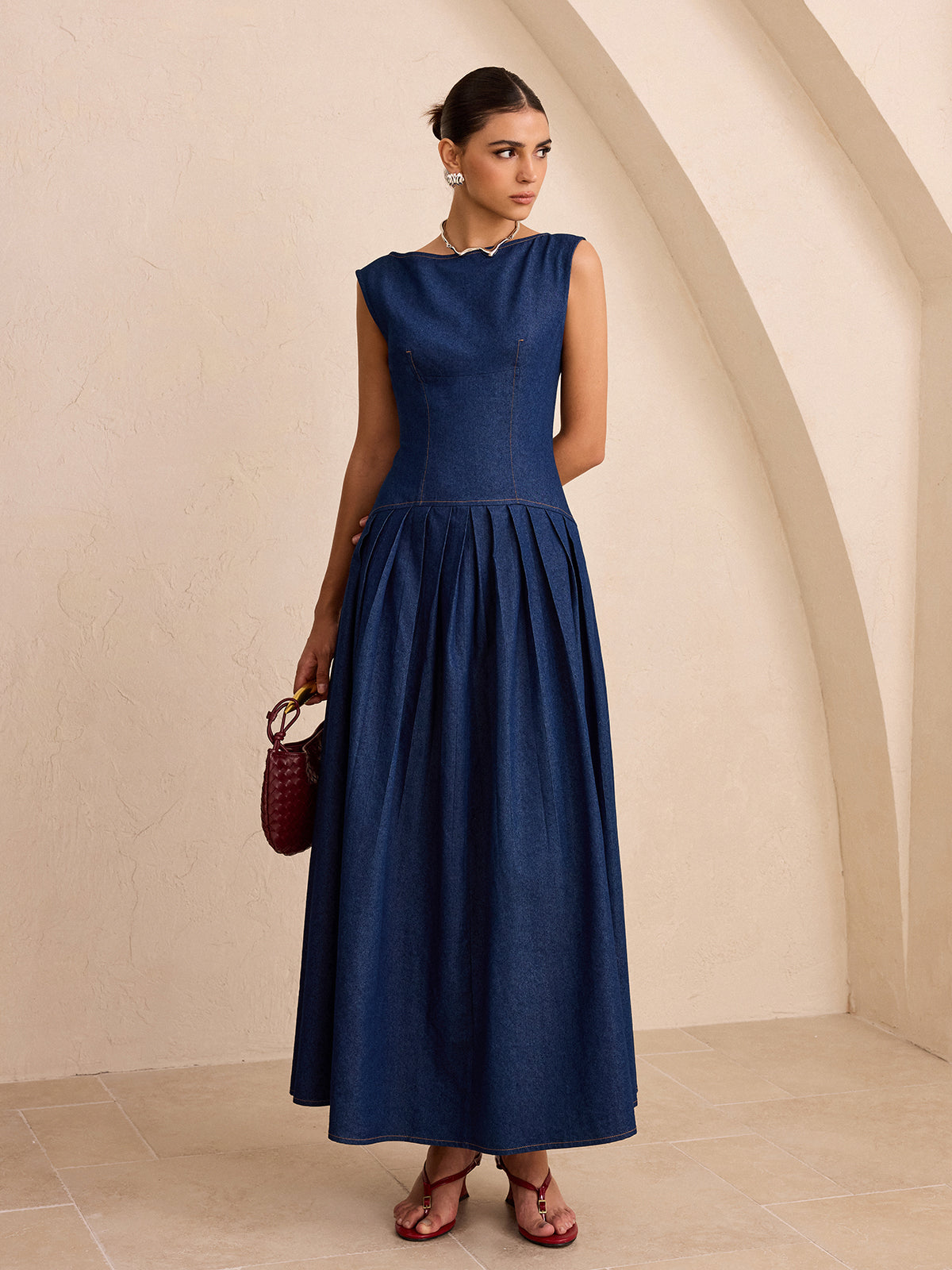 Faux Denim Sleeveless Pleated Maxi Dress | COMMENSE Faux Denim Sleeveless Pleated Maxi Dress | COMMENSE