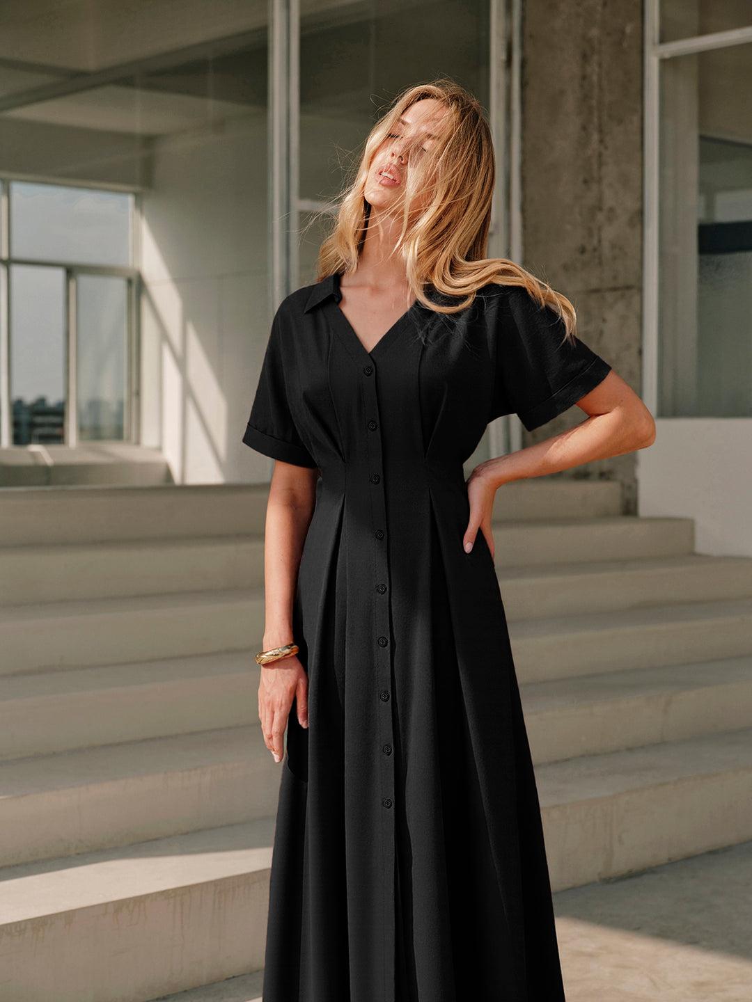 open lace back dress Black Cotton Flax Button-Down Pleated Midi Dress 30" / Petite (5'1" and below)