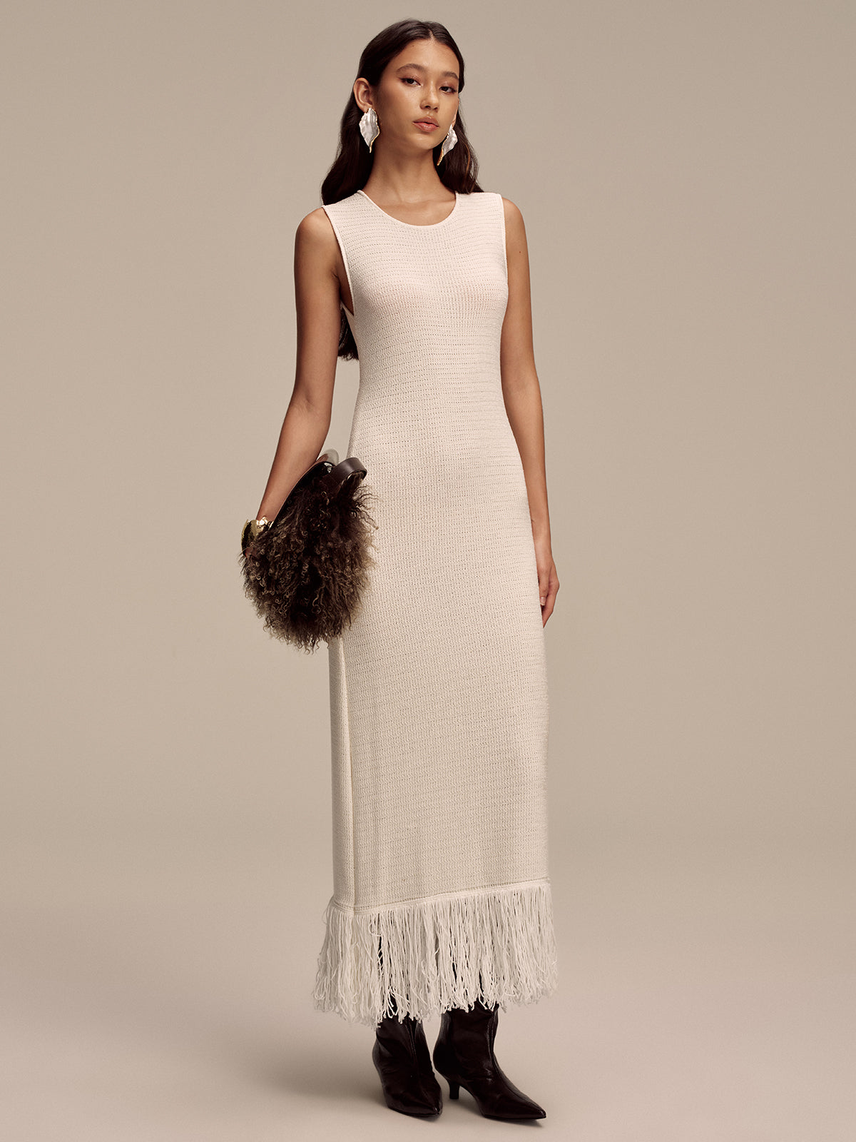 Fringe Hem Sleeveless Knit Maxi Dress - Apricot - L Fringe Hem Sleeveless Knit Maxi Dress - Apricot - L