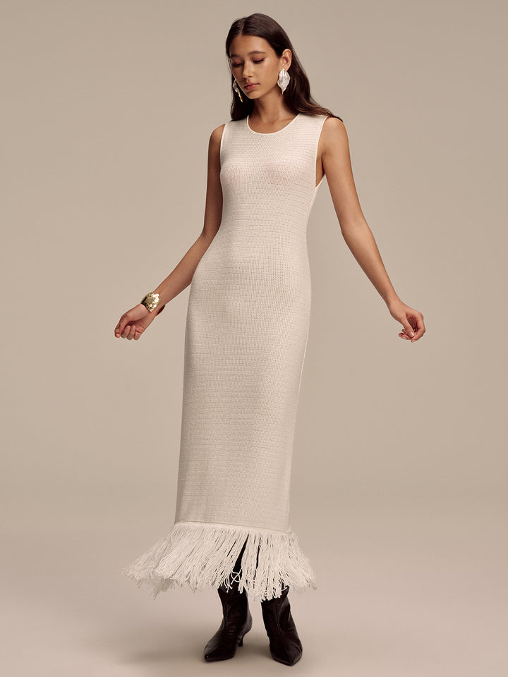 maison celon／fringe knit dress Fringe Hem Sleeveless Knit Maxi Dress – COMMENSE