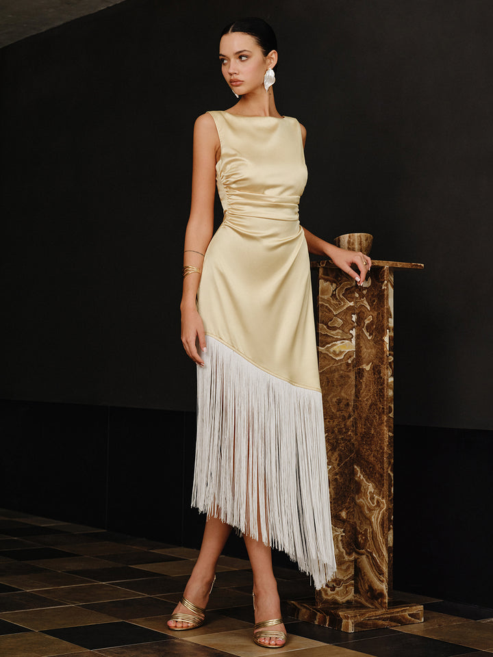 Satin Asymmetric Fringe Hem Maxi Dress | COMMENSE Satin Asymmetric Fringe Hem Maxi Dress | COMMENSE