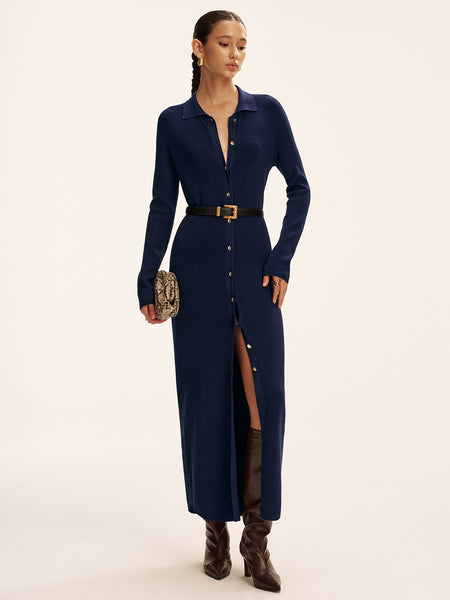 Long Sleeve Button Knit Maxi Dress without Belt Long Sleeve Button Knit Maxi Dress without Belt