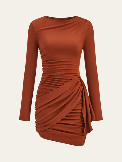 Ruched long sleeve bodycon dress - Brown - XS Ruched long sleeve bodycon dress - Brown - XS