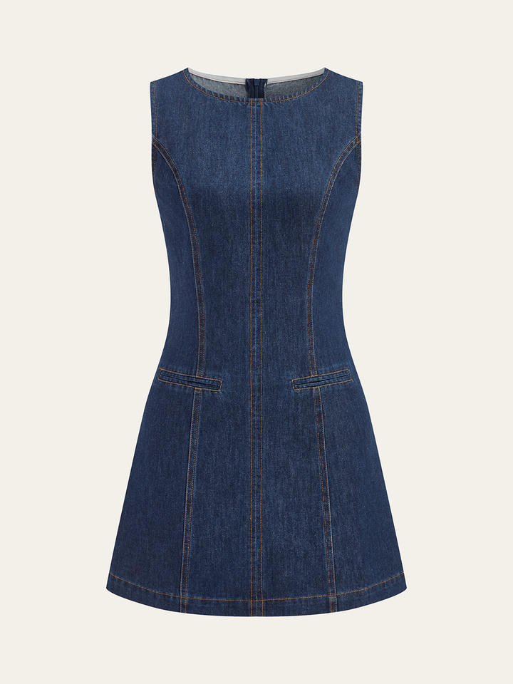commense denim dress Halter belted collared denim maxi dress - Blue