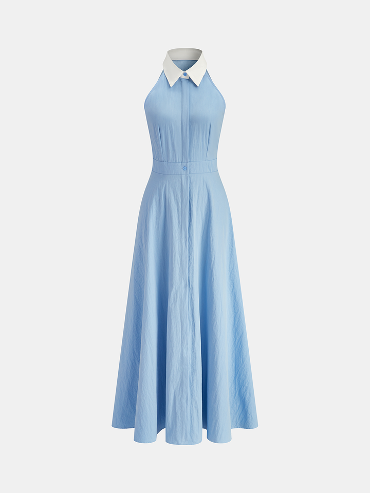 Button sleeveless collar dress - Blue - S