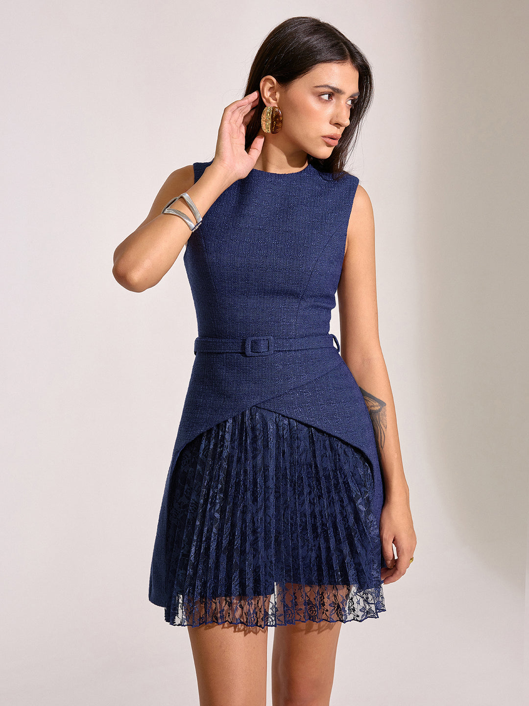 Belted Pleated Lace Mini Dress | COMMENSE Belted Pleated Lace Mini Dress | COMMENSE
