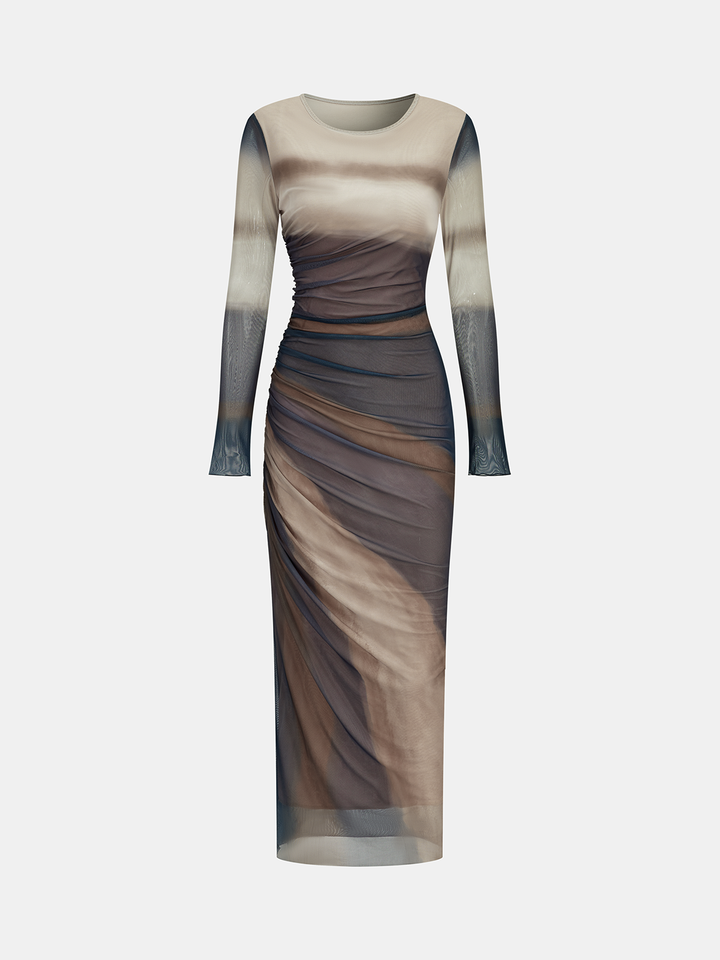 Ombre long sleeve ruched mesh maxi dress - Dark Brown