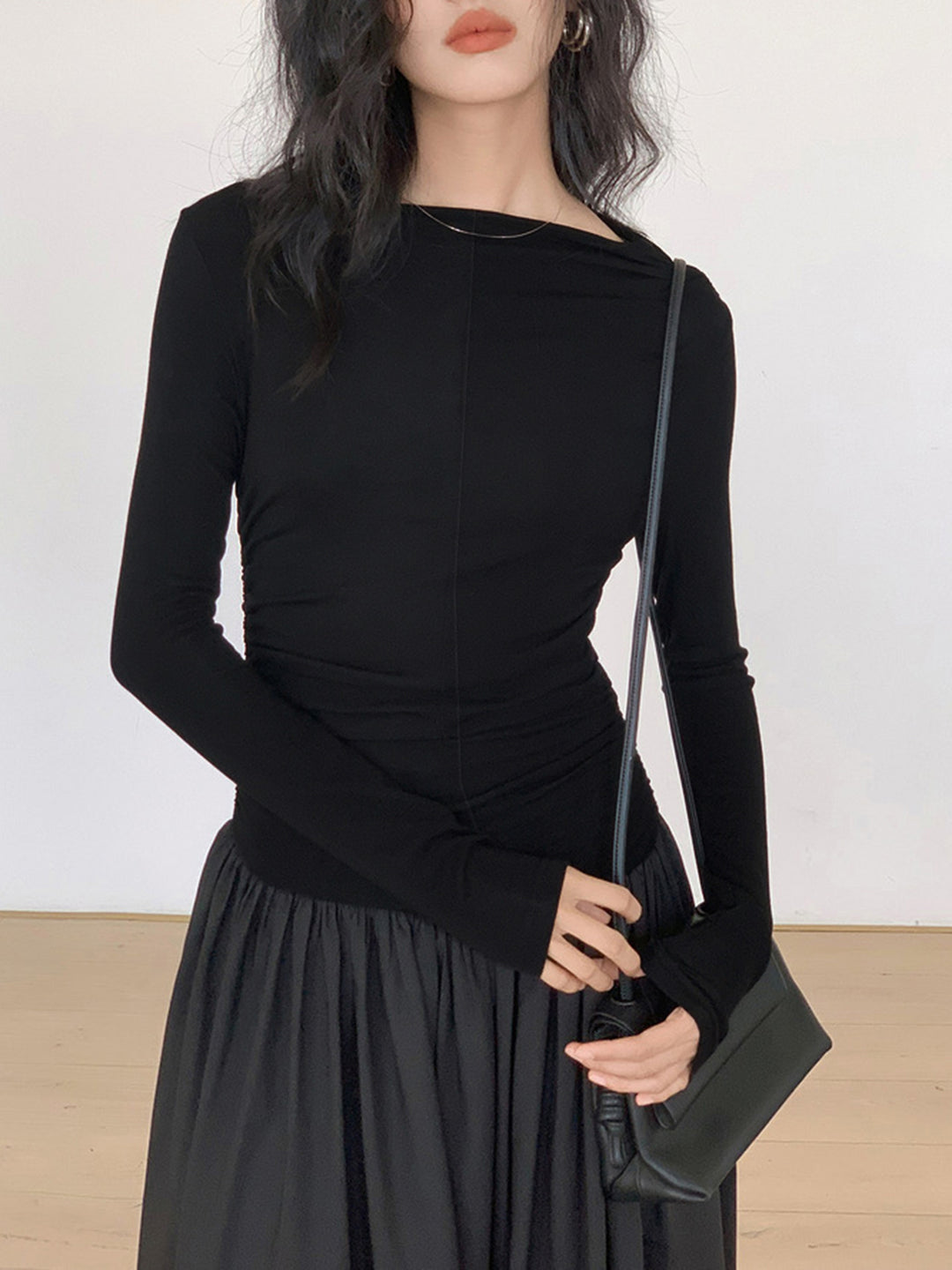 Pleated Patchwork Knit Long Sleeve Midi Dress | COMMENSE