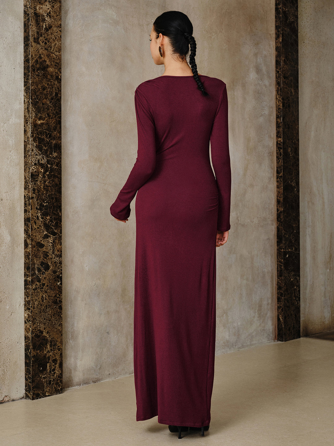 long sleeve maxi dress with belt Metal Buckle Long Sleeve Ruched Maxi Dress