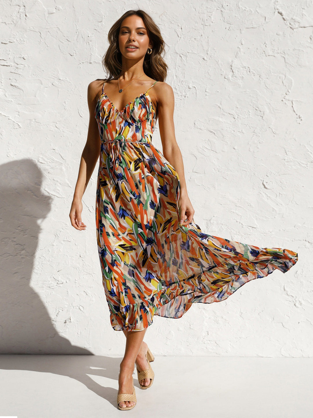 green emerald velvet dress Multi Color Print Midi Dress – The Apparel Bar main image 0