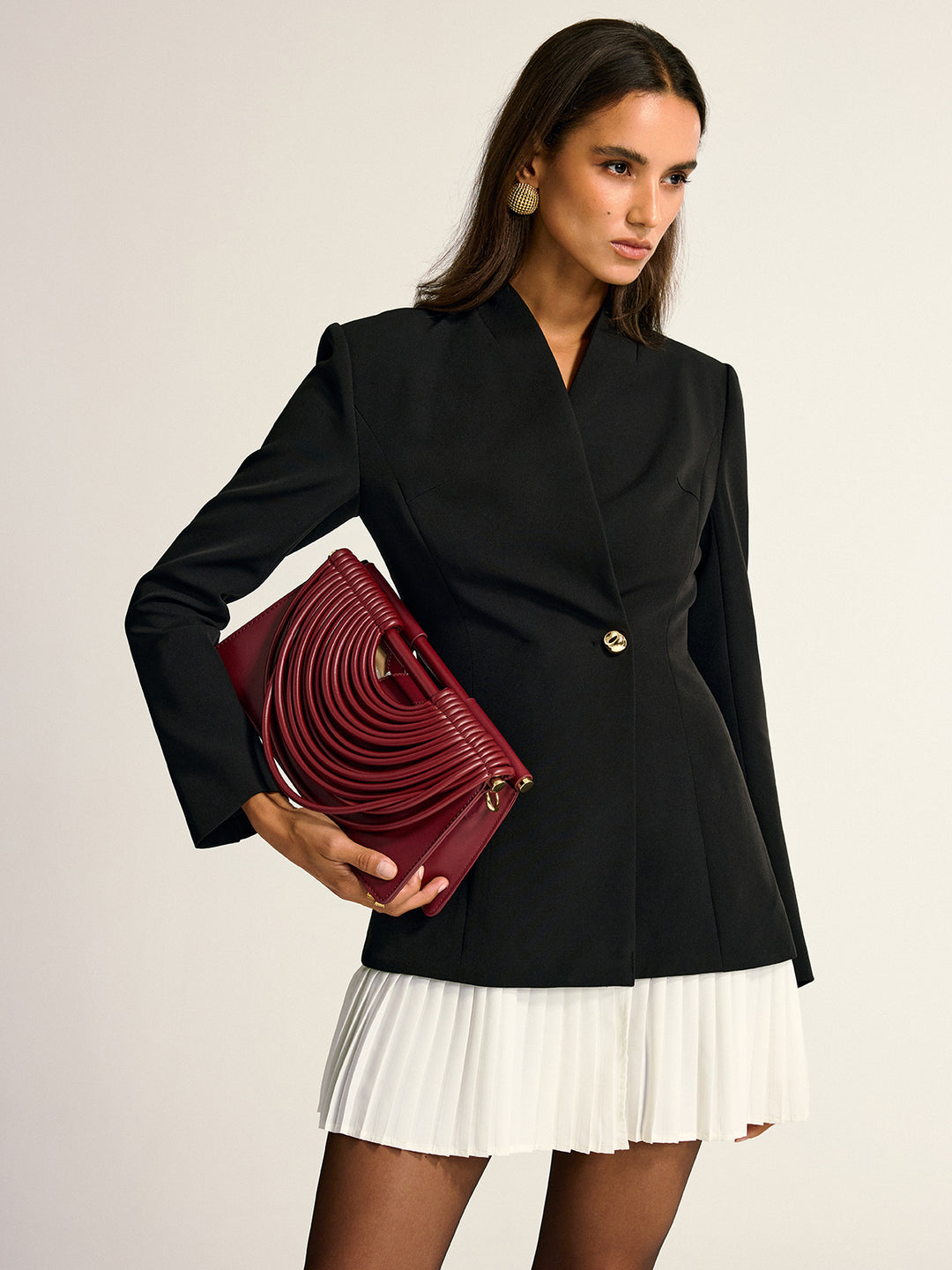 pleated hem blazer dress Black Woven Contrast Pleated Hem Blazer Dress