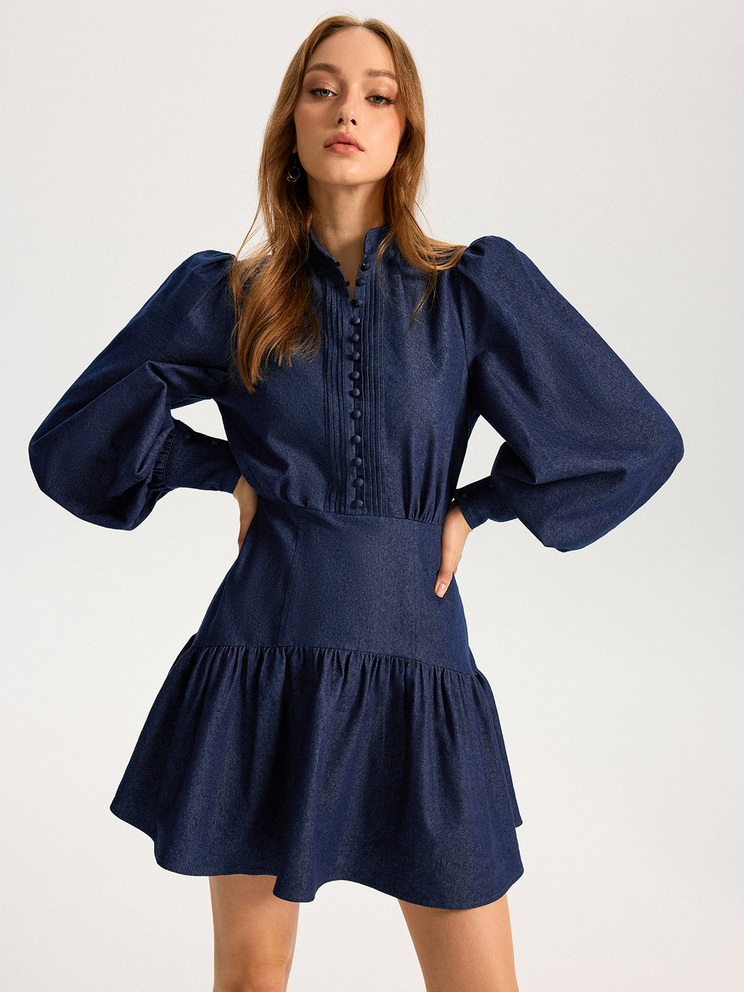 commense denim dress stand collar puff sleeve mini - Navy - S Womens denim Adult Fiona Costume - alpha-sizing Collarless Size COLOR:Pink- Black