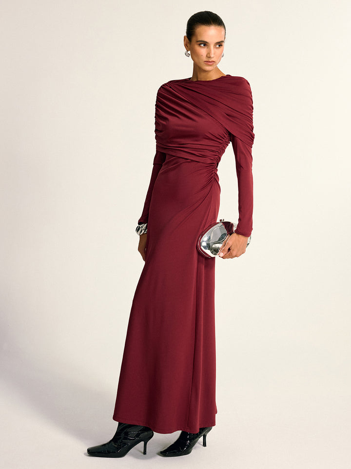 Draped long sleeve maxi dress - Burgundy - M