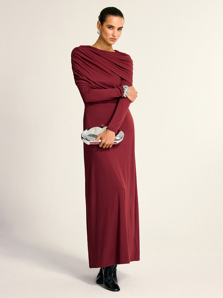 Draped long sleeve maxi dress - Burgundy - M