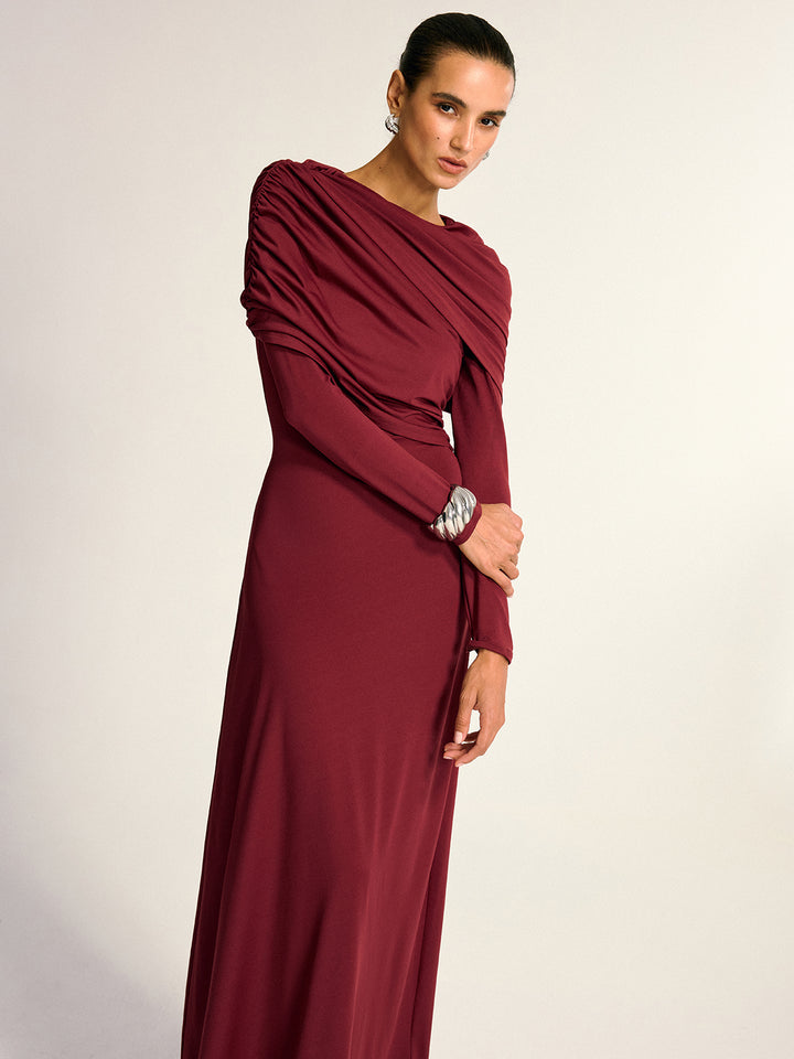 commense maxi dress Draped long sleeve - Burgundy - M women-clothing Linen Thickness Lee Legendary Sheath Dress Color:Black & Brown