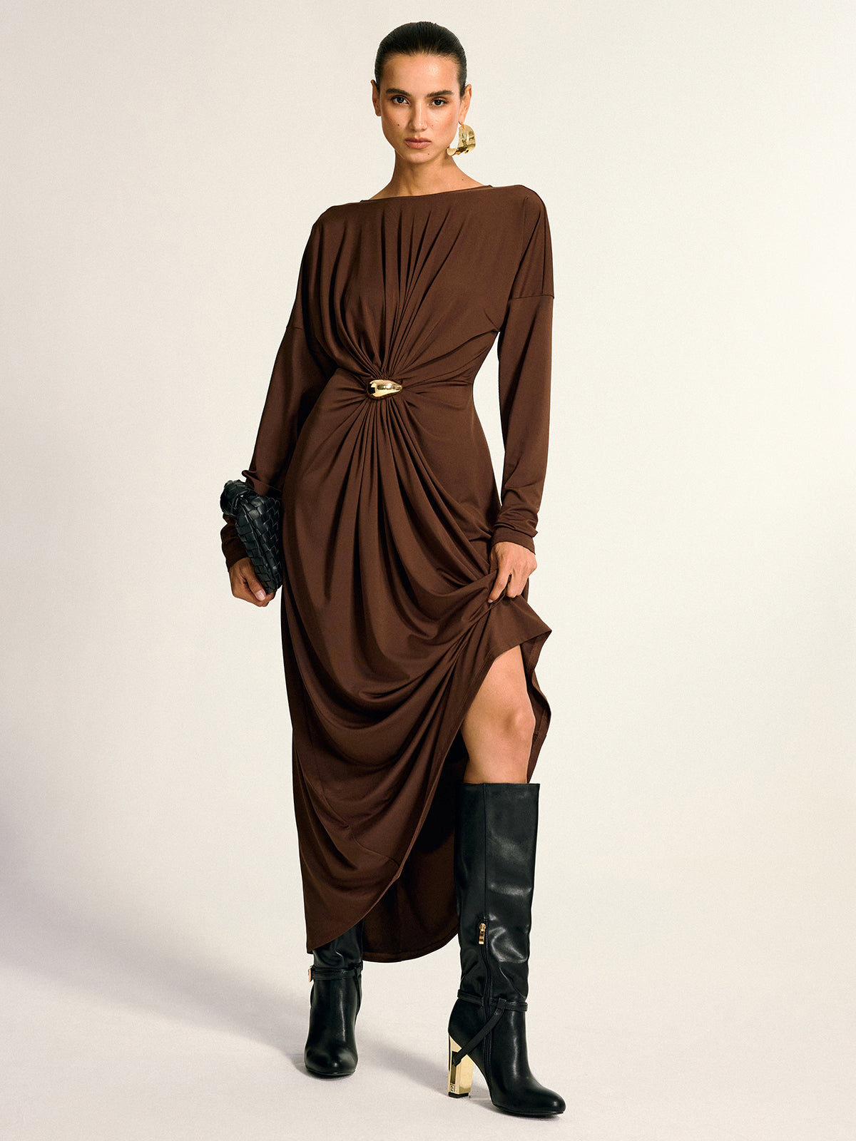 metal detail dress Metal detail draped maxi dress - Dark Brown - S