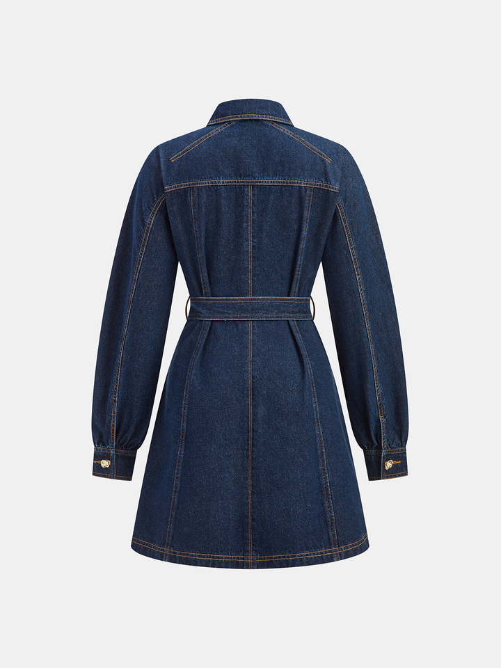 Belted Denim Shirt Dress - Blue