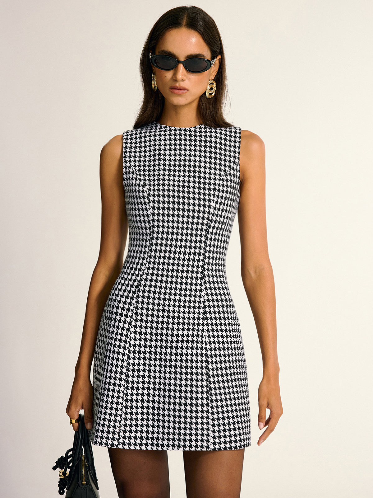 Houndstooth sleeveless a-line mini dress - Dark Brown - S - Commense Houndstooth sleeveless a-line mini dress - Dark Brown - S - Commense