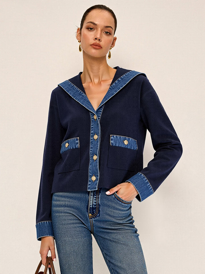 Sailor Collar Denim Trim Knit Outerwear | COMMENSE