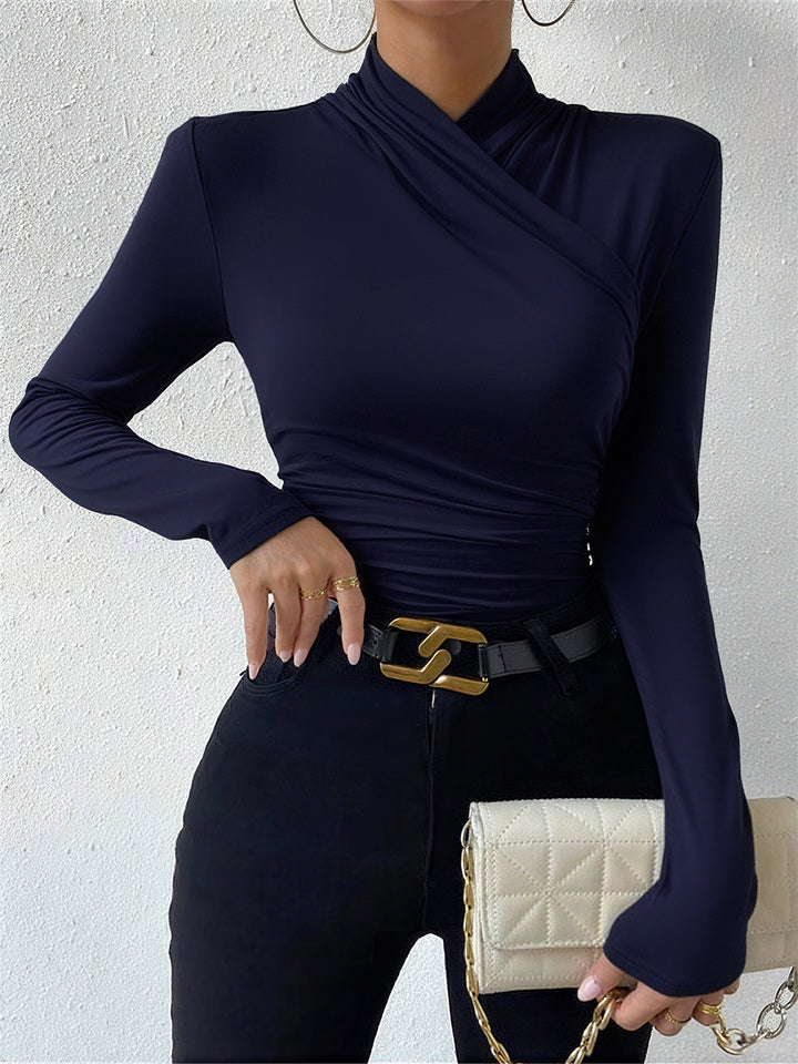 Cross-Over Collar Pleated Cinched T-Shirt | COMMENSE