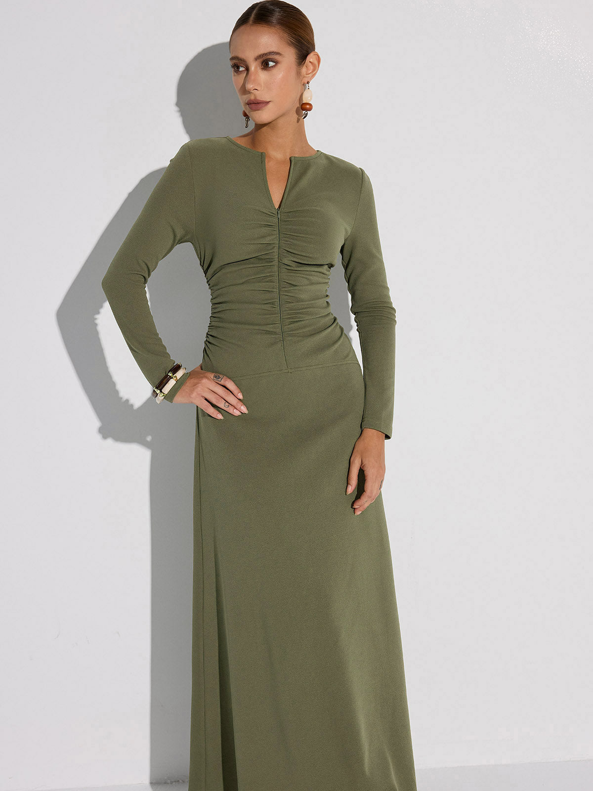 Zipper-Front Ruched Maxi Dress | COMMENSE Zipper-Front Ruched Maxi Dress | COMMENSE