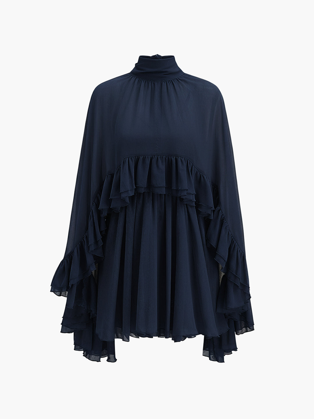 Semi-Sheer Chiffon Ruffle Dress With Outer Cape - Pink - M