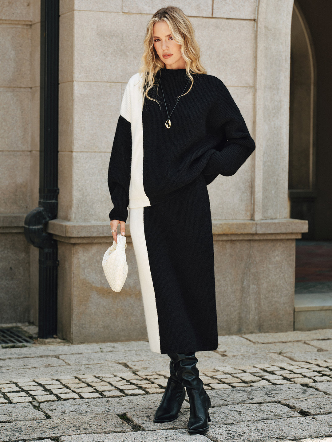 Color-Block Knit Sweater and Midi Skirt Set | COMMENSE