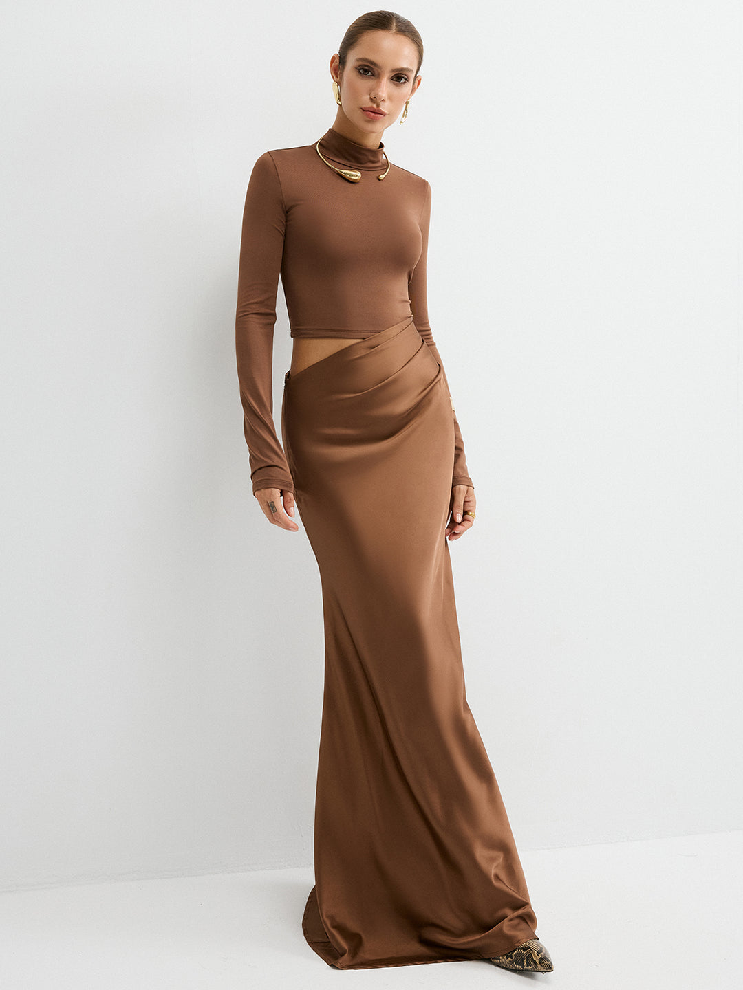 Satin panel mock neck long sleeve maxi dress - Light Brown - S Satin panel mock neck long sleeve maxi dress - Light Brown - S