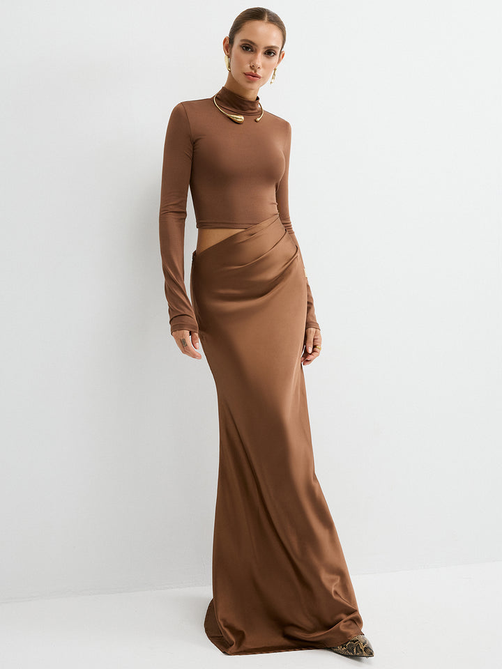 Satin Panel Mock Neck Long Sleeve Maxi Dress - Light Brown - S Satin Panel Mock Neck Long Sleeve Maxi Dress - Light Brown - S