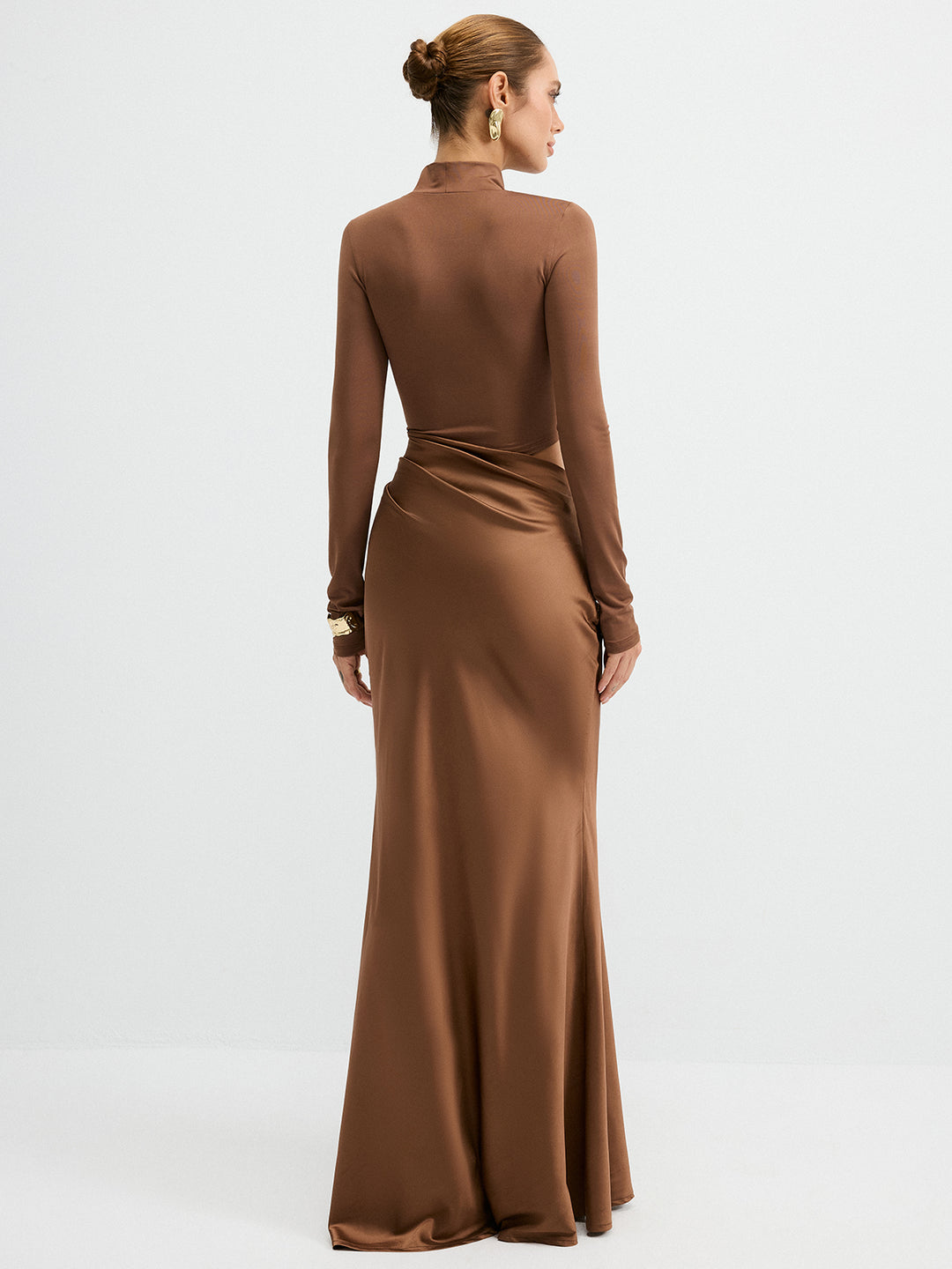 Satin panel mock neck long sleeve maxi dress - Light Brown - S Satin panel mock neck long sleeve maxi dress - Light Brown - S