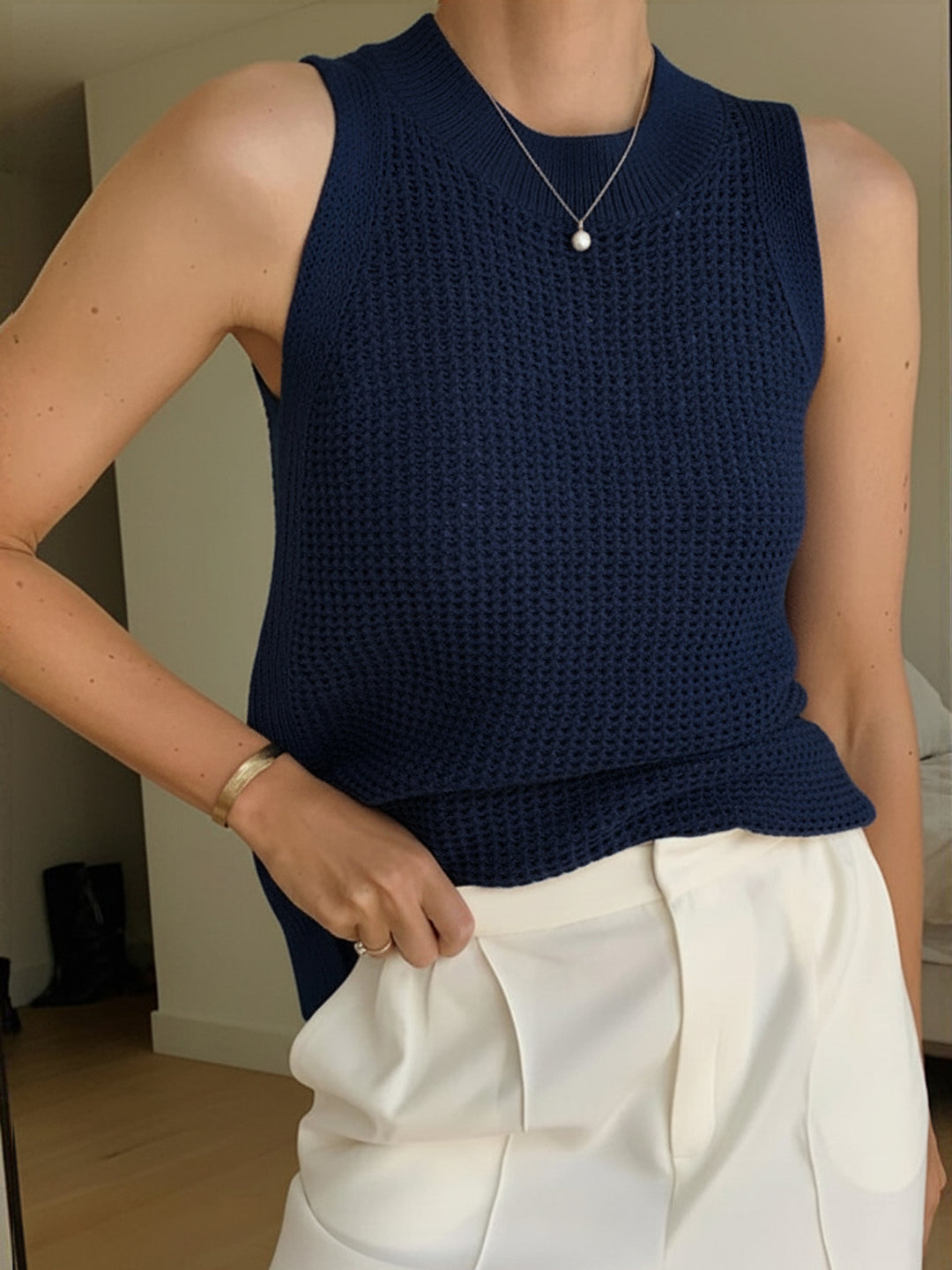 Knit Hollow Solid Tank Top | COMMENSE