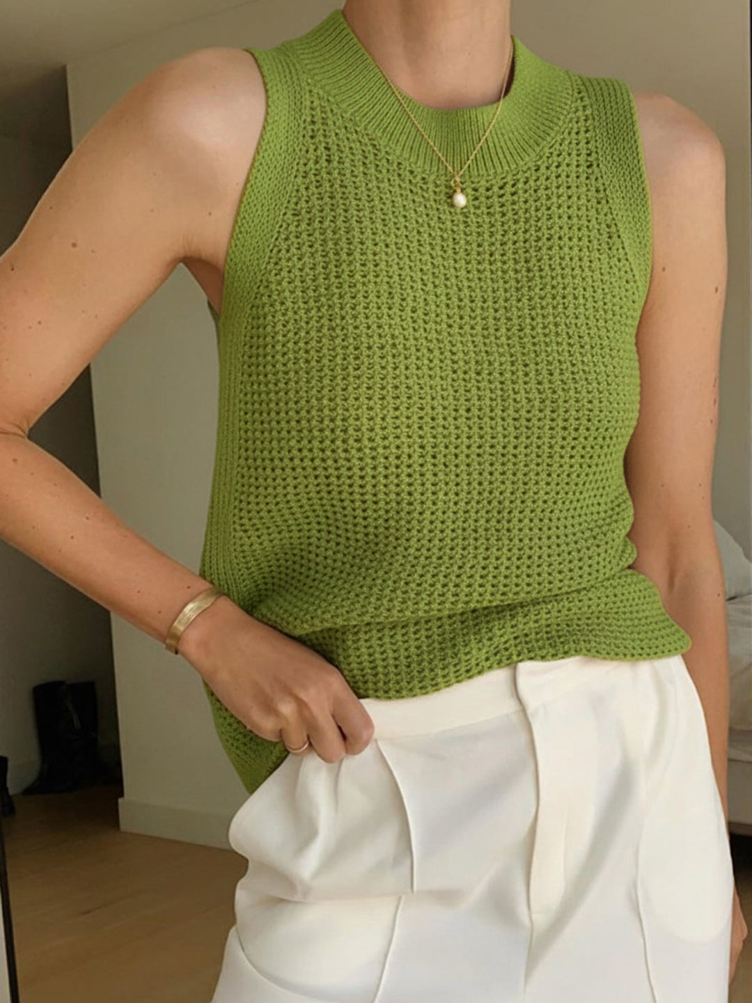 Knit Hollow Solid Tank Top | COMMENSE
