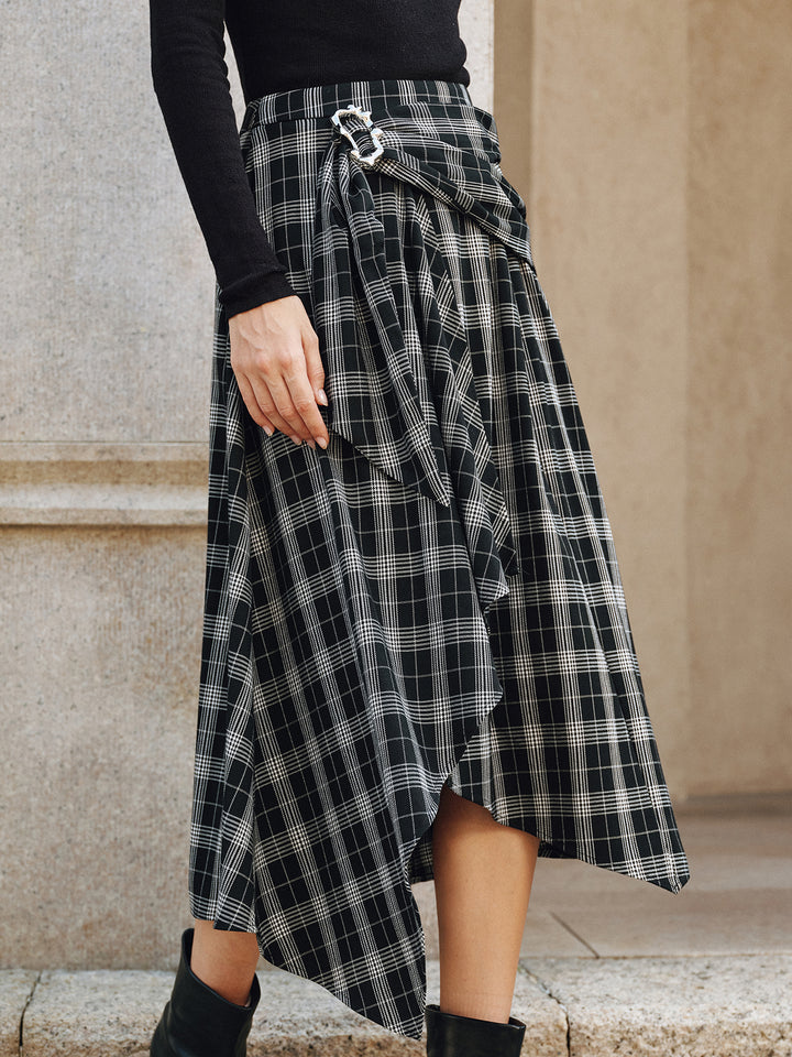 Plaid Asymmetric High-Slit Midi Skirt | COMMENSE